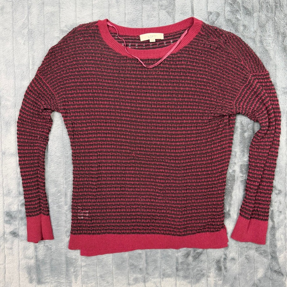 Loft Womens XL Burgundy Black Striped Knit Sweater Long Sleeve Crew Neck 8683